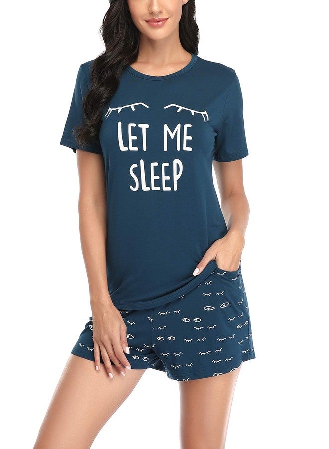EISHOPEER Women's Closed Eyes Print Pajama Set Tee and Shorts Pjs Sets Peacock Blue L - Image 3